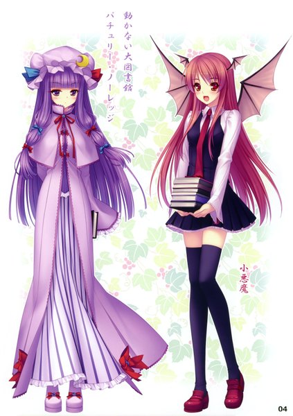 Anime picture 2491x3529 with touhou patchouli knowledge koakuma sayori long hair tall image blush highres open mouth red eyes white background purple eyes purple hair red hair striped bat wings head wings girl thighhighs dress