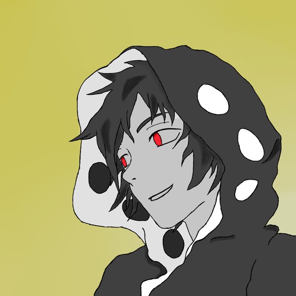 Anime-Bild 1080x1080 mit kagerou project shaft (studio) kano shuuya darksone single fringe short hair simple background smile red eyes looking away upper body parted lips monochrome yellow background sketch spot color boy hood