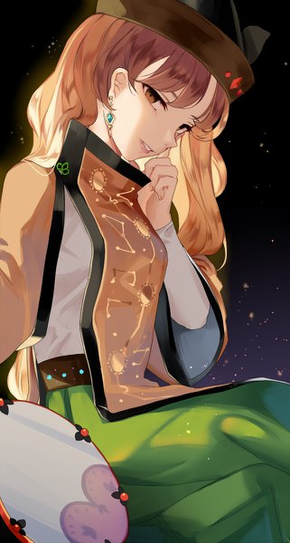 Anime picture 642x1200 with touhou matara okina hillly (maiwetea) single long hair tall image looking at viewer fringe brown hair sitting brown eyes hand on face girl hat earrings tabard