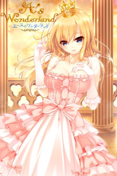Anime picture 1000x1500 with a's wonderland shokuyou mogura single long hair tall image looking at viewer breasts blue eyes blonde hair bare shoulders girl dress gloves bow frills crown