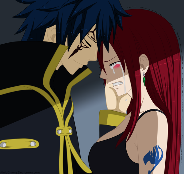 Anime picture 1800x1700 with fairy tail erza scarlet jellal fernandes gold-mk long hair blush highres short hair smile blue hair red hair eyes closed profile grey background tattoo tears coloring face paint girl boy