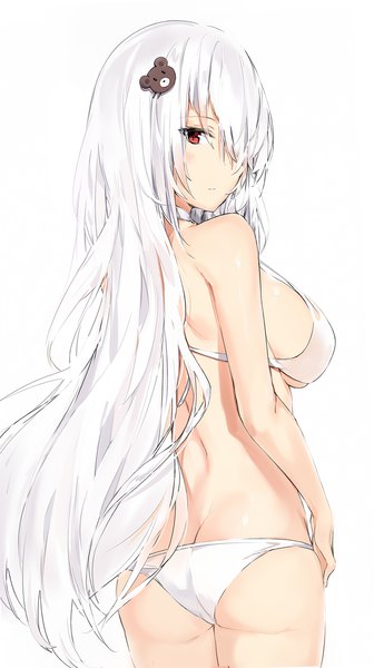 Anime picture 1000x1785 with girls frontline pk (girls frontline) silver (chenwen) single long hair tall image looking at viewer fringe breasts light erotic simple background red eyes large breasts white background white hair looking back from behind hair over one eye from below hands on hips