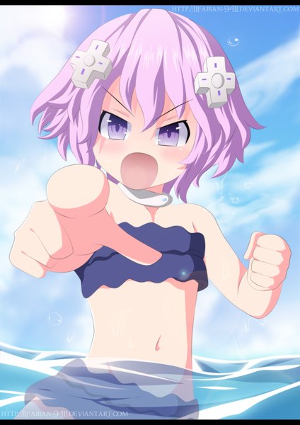 Anime picture 1500x2123 with choujigen game neptune neptune (choujigen game neptune) fabiansm single tall image blush short hair open mouth light erotic pink hair sky cloud (clouds) pink eyes sunlight bare belly loli coloring letterboxed pointing screaming