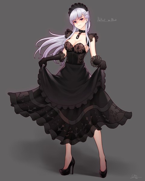 Anime picture 1600x1995 with azur lane belfast (azur lane) ch-chin-chilla single long hair tall image looking at viewer blush fringe breasts simple background smile standing purple eyes holding signed cleavage silver hair full body braid (braids)