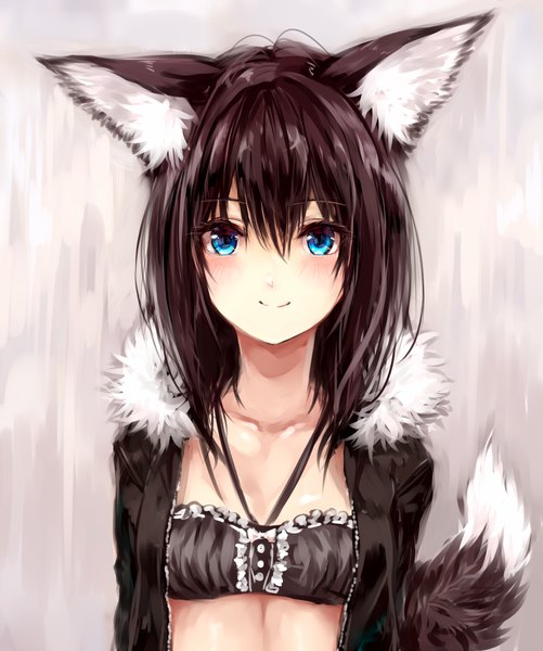 Anime picture 1253x1500 with original suke single long hair tall image looking at viewer blush fringe blue eyes light erotic black hair smile hair between eyes animal ears tail animal tail open jacket fur trim frilled bra girl