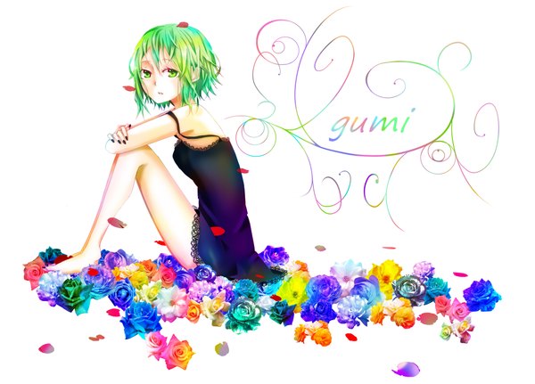 Anime picture 4303x3093 with vocaloid gumi bluecrown619 single highres short hair bare shoulders green eyes absurdres barefoot text girl flower (flowers) petals lingerie rose (roses)