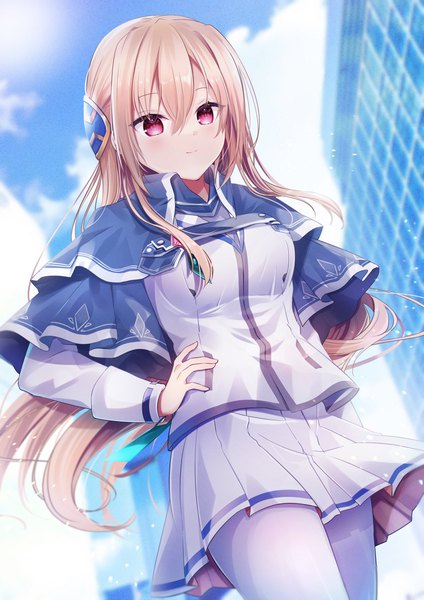 Anime picture 1191x1684 with heaven burns red shirakawa yuina yutori z71 single long hair tall image looking at viewer fringe blonde hair hair between eyes outdoors pleated skirt pink eyes light smile from below hand on hip girl skirt pantyhose white pantyhose