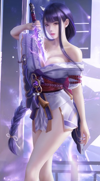 Anime picture 3900x7000 with genshin impact raiden shogun wickellia single long hair tall image fringe highres breasts light erotic large breasts standing purple eyes holding signed payot looking away absurdres purple hair blunt bangs