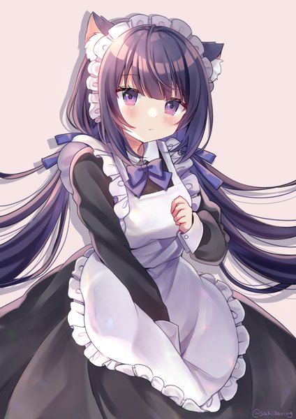 Anime picture 1697x2400 with original minami saki single long hair tall image blush black hair simple background purple eyes twintails signed animal ears cat ears maid twitter username low twintails pink background girl uniform ribbon (ribbons)