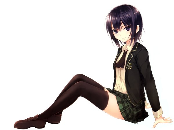 Anime picture 2666x2000 with original coffee-kizoku single highres short hair black hair simple background smile white background sitting purple eyes zettai ryouiki girl thighhighs uniform black thighhighs school uniform