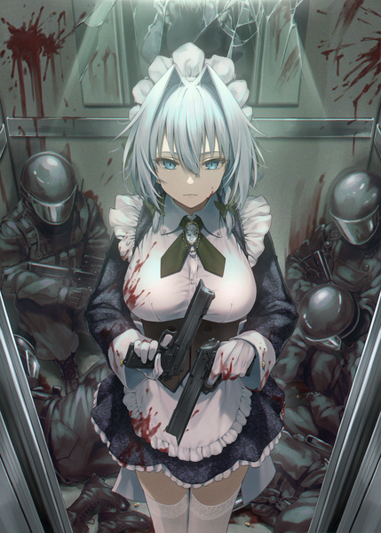 Anime picture 1295x1810 with touhou izayoi sakuya greenkohgen tall image fringe short hair breasts blue eyes hair between eyes large breasts standing holding silver hair indoors long sleeves maid zettai ryouiki light frilled dress expressionless