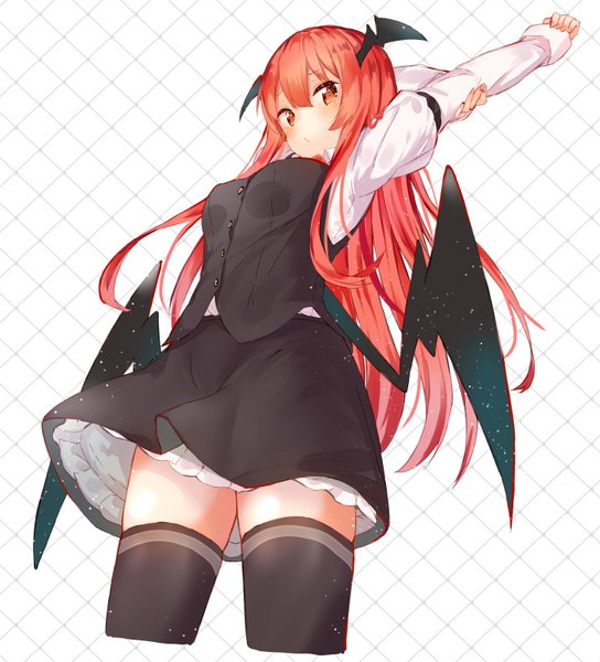 Anime picture 726x800 with touhou koakuma yukizumi remon single long hair tall image blush fringe standing looking away red hair arms up from below orange eyes zettai ryouiki bat wings head wings girl thighhighs skirt