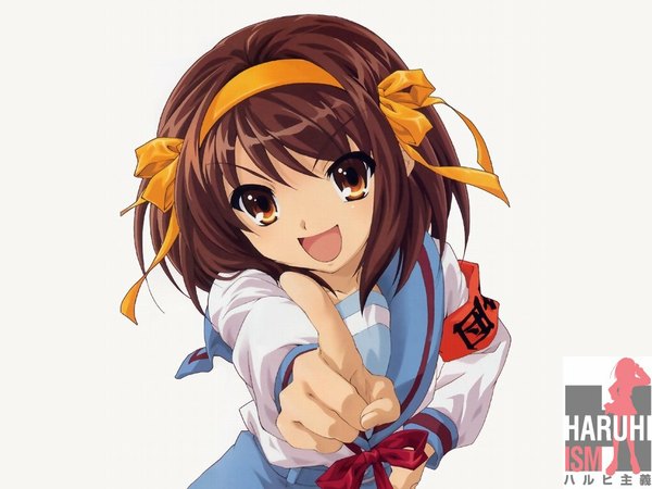 Anime picture 1024x768 with suzumiya haruhi no yuutsu kyoto animation suzumiya haruhi pointing girl