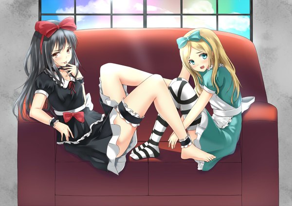 Anime picture 2000x1415 with original alexmaster long hair looking at viewer blush highres open mouth blue eyes black hair blonde hair multiple girls legs girl thighhighs dress bow 2 girls hair bow tongue striped thighhighs