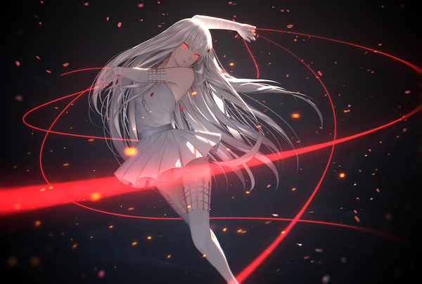 Anime picture 1778x1200 with original pixiv fantasia pixiv fantasia t maredoro single long hair looking at viewer fringe highres simple background red eyes standing bare shoulders holding bent knee (knees) white hair head tilt arm up sleeveless crossed legs