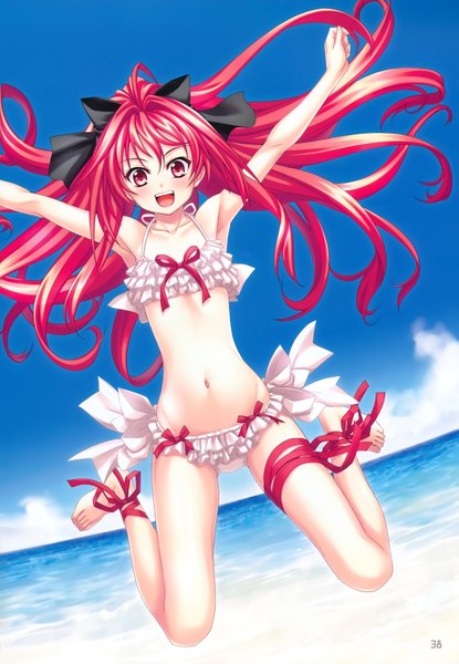 Anime picture 4821x6960 with shinkyoku soukai polyphonica corticarte apa lagranges kannatsuki noboru long hair tall image looking at viewer blush highres open mouth red eyes pink hair absurdres sky cloud (clouds) barefoot scan official art spread legs beach spread arms