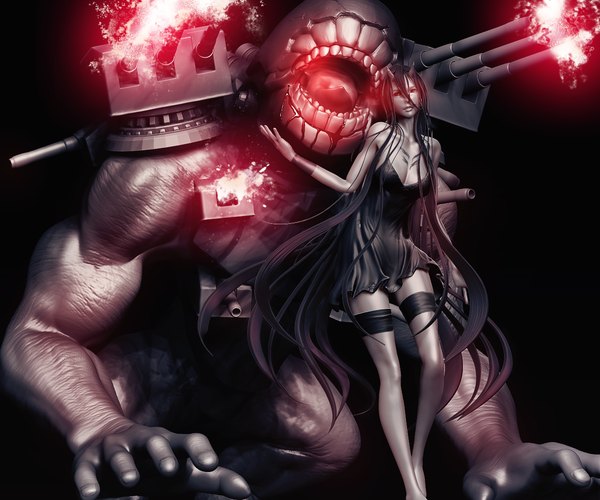 Anime picture 1265x1056 with kantai collection battleship-symbiotic hime tetsuok9999 open mouth black hair hair between eyes red eyes bare shoulders very long hair horn (horns) light smile realistic teeth tattoo black background oni horns glow shinkaisei-kan girl dress