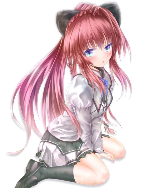 Anime picture 1800x2250 with mashiroiro symphony inui sana wingheart single long hair tall image looking at viewer blush highres blue eyes simple background white background animal ears ponytail red hair uniform school uniform socks shoes black socks