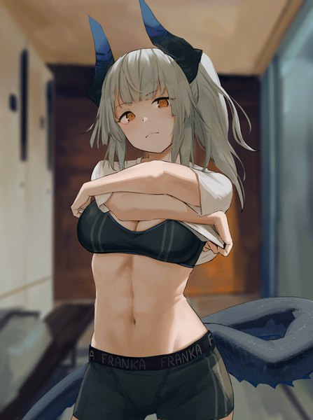 Anime picture 1274x1711 with arknights liskarm (arknights) noccu single long hair tall image looking at viewer blush fringe breasts light erotic large breasts standing payot indoors tail head tilt horn (horns) grey hair blurry
