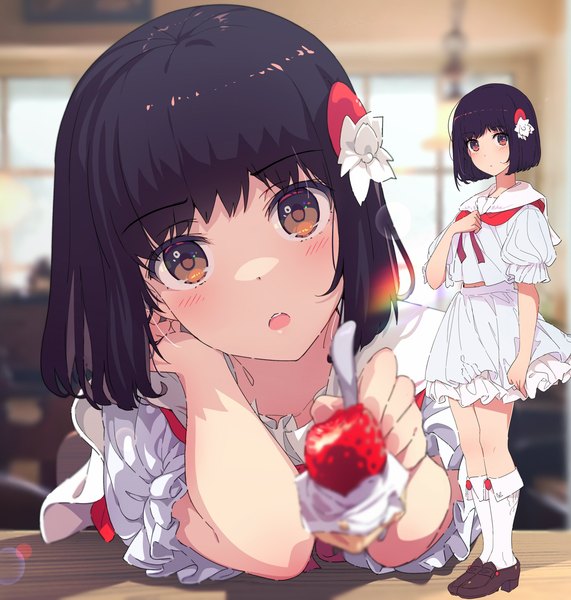 Anime picture 3205x3370 with original ogipote tall image looking at viewer highres short hair open mouth black hair brown eyes absurdres blurry short sleeves depth of field puffy sleeves lens flare multiview pov bob cut feeding girl