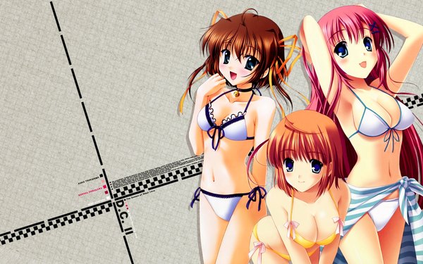 Anime picture 1920x1200 with da capo da capo ii asakura nemu shirakawa nanaka tsukishima koko highres light erotic wide image multiple girls girl swimsuit bikini 3 girls x hair ornament white bikini pareo