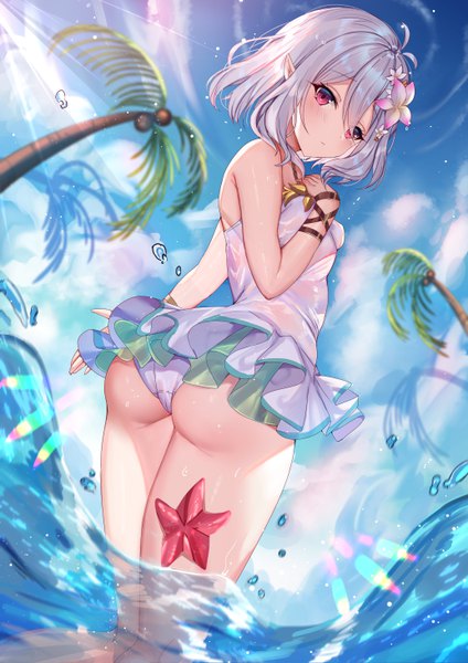 Anime picture 4134x5846 with princess connect! re:dive princess connect! kokkoro (princess connect!) shanguier single tall image looking at viewer blush fringe highres short hair light erotic hair between eyes standing absurdres sky silver hair cloud (clouds) ahoge outdoors