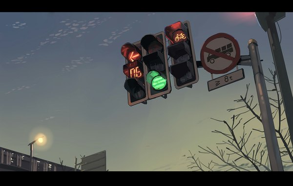 Anime picture 1000x637 with original huanxiang huifeng sky cloud (clouds) evening letterboxed no people plant (plants) tree (trees) branch lantern lamppost traffic sign traffic lights