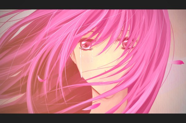 Anime picture 1200x798 with vocaloid megurine luka mizublue (artist) single long hair looking at viewer purple hair pink eyes wind tears face girl petals
