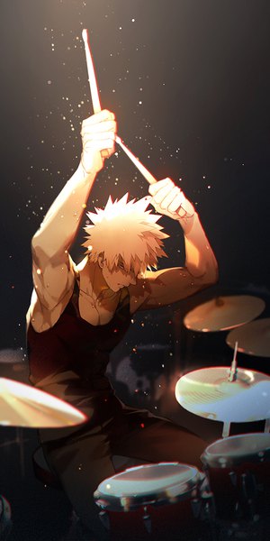 Anime picture 700x1400 with boku no hero academia studio bones bakugou katsuki uuunknown single tall image fringe short hair blonde hair hair between eyes sitting holding parted lips arms up sparkle sweat looking down dark background muscle backlighting