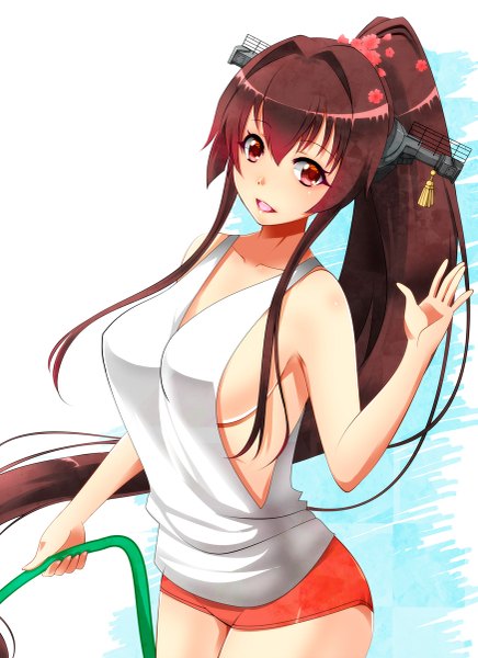Anime picture 873x1200 with kantai collection yamato super battleship kiko (weavehabit) single tall image looking at viewer fringe breasts open mouth light erotic smile red eyes brown hair large breasts ponytail very long hair no bra sleeveless girl shorts