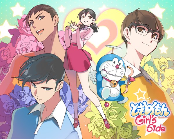 Anime picture 875x700 with doraemon tokimeki memorial tokimeki memorial girls' side doraemon (character) cupid minamoto shizuka nobi nobita gouda takeshi honekawa suneo popqn long hair short hair open mouth black hair smile brown hair twintails brown eyes head tilt :d