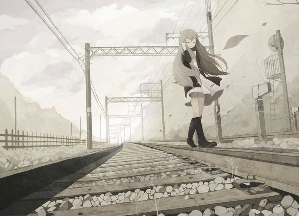 Anime picture 1500x1083 with original 456 single long hair fringe cloud (clouds) eyes closed light smile wind from below dutch angle adjusting hair monochrome horizon walking fog girl dress boots white dress