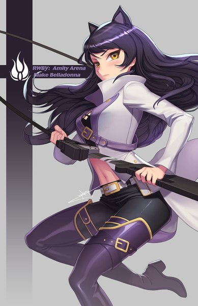 Anime picture 1200x1853 with rwby rooster teeth blake belladonna uyalago single long hair tall image looking at viewer black hair animal ears yellow eyes long sleeves cat ears character names serious girl navel weapon jacket boots