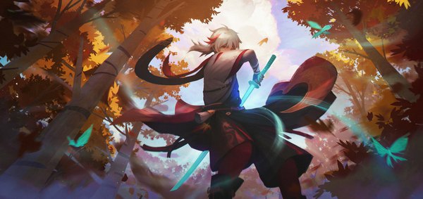 Anime picture 4067x1920 with genshin impact kaedehara kazuha crystalfly (genshin impact) pagoda97 single long hair highres wide image sky cloud (clouds) outdoors white hair multicolored hair from below streaked hair low ponytail fighting stance boy weapon plant (plants)