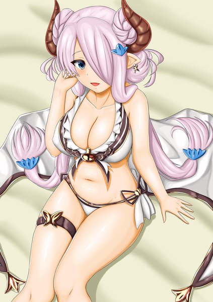 Anime picture 1500x2125 with granblue fantasy narmaya (granblue fantasy) narmaya (summer) (granblue fantasy) abukobato single long hair tall image looking at viewer blush fringe highres breasts open mouth blue eyes light erotic smile large breasts sitting twintails bare shoulders