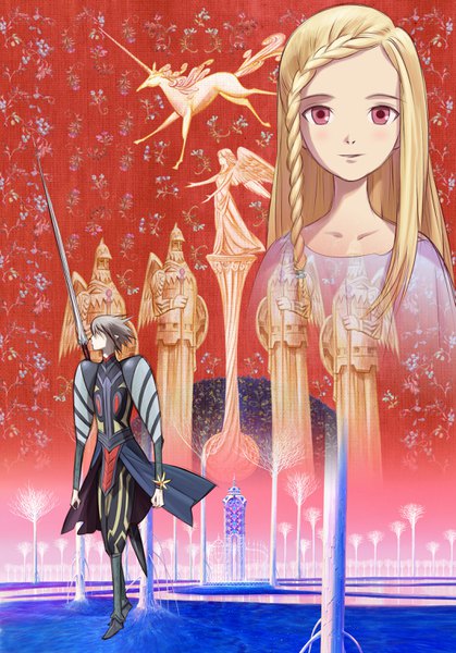 Anime picture 2114x3024 with ylion to callysia long hair tall image highres short hair blonde hair braid (braids) pink eyes grey hair official art multiview walking river floral background brother and sister knight girl boy weapon plant (plants)