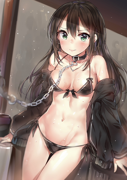 Anime picture 981x1388 with idolmaster idolmaster cinderella girls shibuya rin yuran (cozyquilt) single long hair tall image looking at viewer blush breasts light erotic brown hair standing bare shoulders green eyes open clothes bare belly wet thigh gap groin