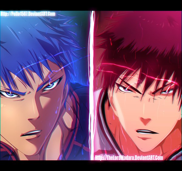 Anime picture 843x794 with kuroko no basket production i.g aomine daiki kagami taiga pollo1567 statt-d looking at viewer fringe short hair open mouth blue eyes red eyes blue hair red hair parted lips lips teeth dark skin glowing eyebrows