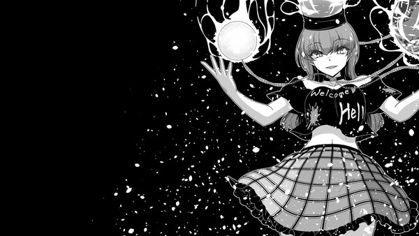 Anime picture 1920x1080 with touhou hecatia lapislazuli sunatoshi single long hair looking at viewer fringe highres simple background smile hair between eyes wide image midriff grin black background monochrome plaid skirt clothes writing outline aura