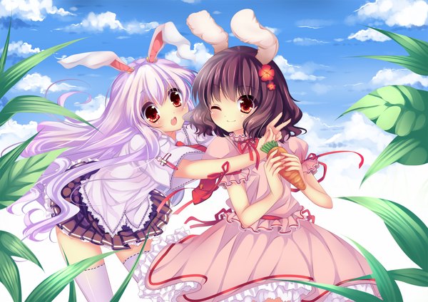 Anime picture 2000x1414 with touhou reisen udongein inaba inaba tewi usagihime long hair highres black hair red eyes multiple girls sky cloud (clouds) white hair one eye closed bunny ears bunny girl girl skirt 2 girls skirt set blouse