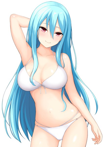 Anime picture 707x1000 with girlfriend (kari) kayashima otome asahashi tsuyu single long hair tall image fringe breasts light erotic simple background smile hair between eyes red eyes large breasts white background blue hair looking away mole mole under eye arm behind head