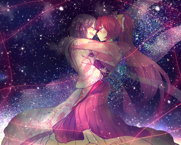 Anime picture 1600x1280 with mahou shoujo madoka magica shaft (studio) akemi homura sakura kyouko mizuki (flowerlanguage) long hair short hair open mouth black hair smile red eyes multiple girls ponytail red hair eyes closed traditional clothes japanese clothes night hug shoujo ai