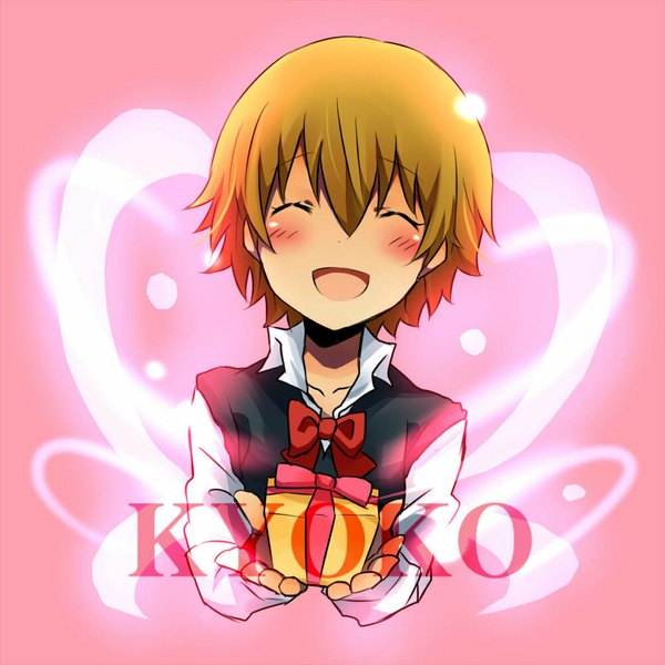 Anime picture 1000x1000 with katekyou hitman reborn sasagawa kyoko matsurinnu single blush short hair open mouth blonde hair smile eyes closed inscription pink background girl shirt white shirt vest gift sweater vest