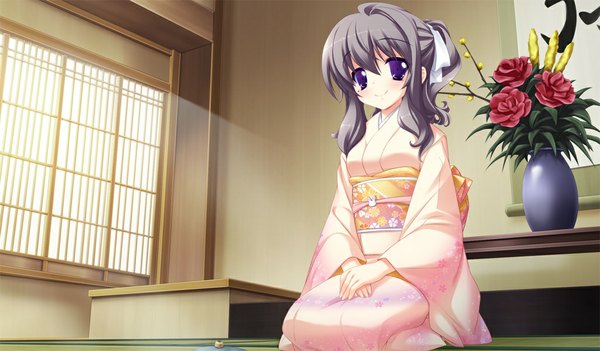 Anime picture 1024x600 with koiiro soramoyou (game) utsumi shizuna lucie long hair wide image purple eyes game cg japanese clothes grey hair girl kimono