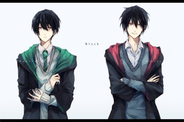 Anime picture 1400x933 with harry potter sirius black regulus black mst looking at viewer short hair open mouth black hair simple background smile white background multiple boys grey eyes crossed arms boy uniform school uniform shirt necktie 2 boys