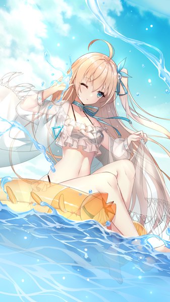 Anime picture 600x1067 with iron saga snow (iron saga) ling (sroin) single tall image blush fringe breasts blue eyes light erotic blonde hair hair between eyes sitting looking away sky cleavage cloud (clouds) ahoge outdoors very long hair