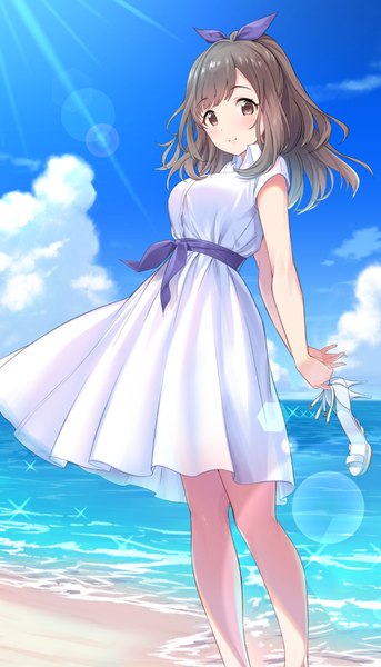 Anime picture 573x1000 with idolmaster idolmaster shiny colors tsukioka kogane tamakaga single long hair tall image looking at viewer blush fringe breasts smile brown hair standing holding brown eyes sky cloud (clouds) outdoors sunlight