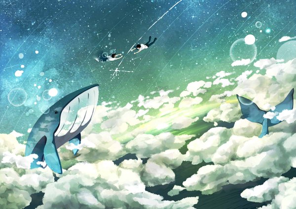 Anime picture 3507x2480 with original chodo highres short hair black hair absurdres sky cloud (clouds) tail shooting star girl boy skirt animal sea star (stars) pants bubble (bubbles) whale chemise