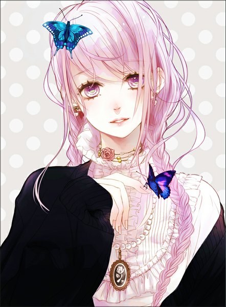 Anime picture 590x800 with original shikishima (eiri) single long hair tall image looking at viewer open mouth smile pink hair braid (braids) pink eyes single braid girl flower (flowers) earrings rose (roses) insect butterfly pearls