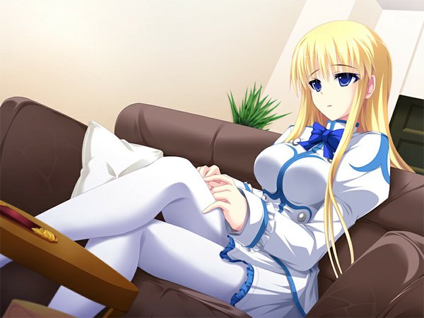 Anime picture 1024x768 with duelist x engage violetta soleil long hair blue eyes blonde hair game cg girl couch